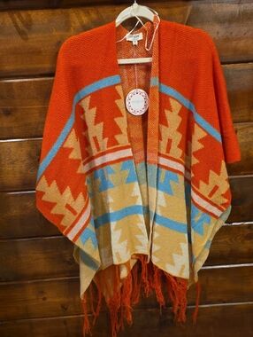 Umgee Orange and Sky Blue Aztec Knit Fringe Poncho